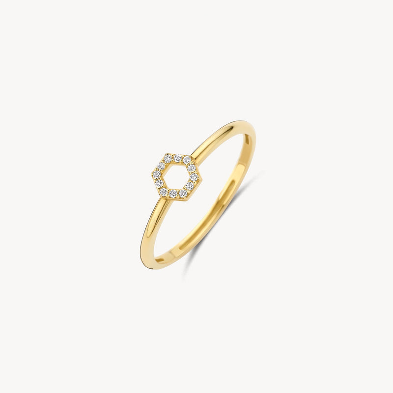 Bague en or jaune 14 carats avec des Zircone clairs en pente, vue de profil.