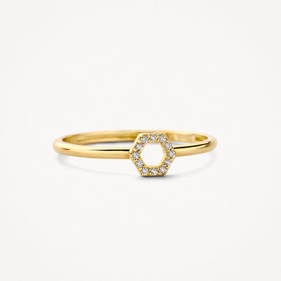 14k geelgouden ring met rij aflopende zirkonia's, close-up.