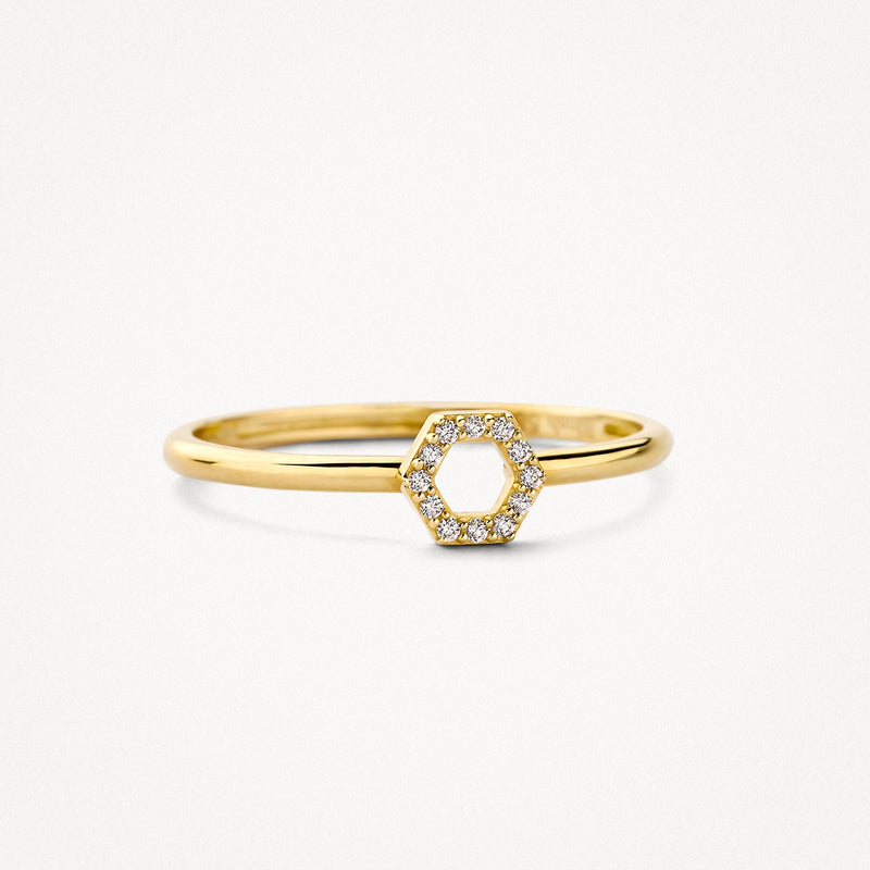 Bague en or jaune 14 carats avec une rangée de Zircone en cascade, gros plan.