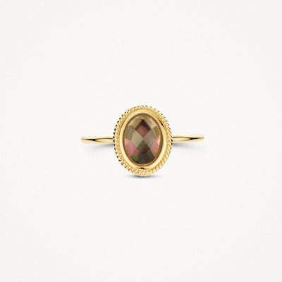 14k geelgouden ring met zwarte parelmoer, zijaanzicht.