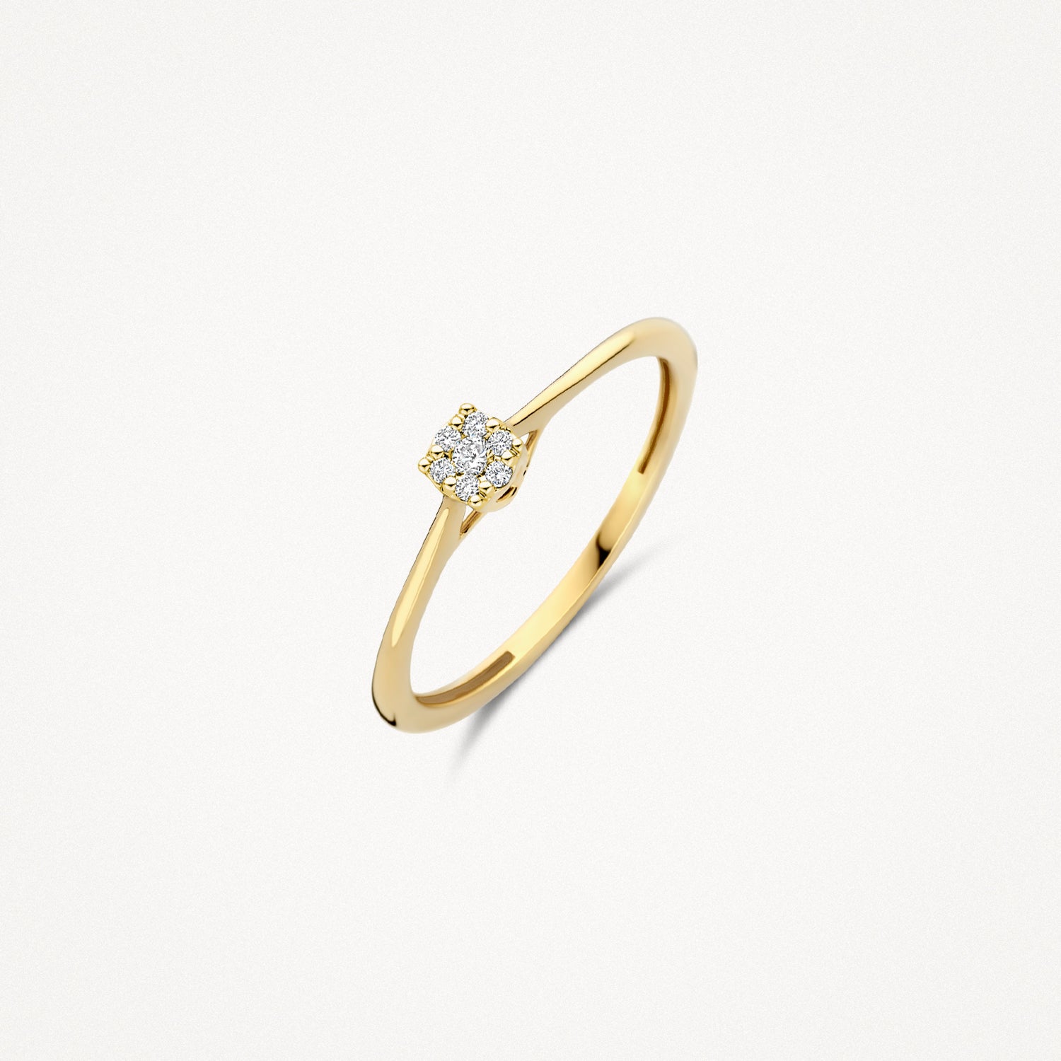14k goud ring met vierkante natuurlijke diamant in zes hoekige zetting.