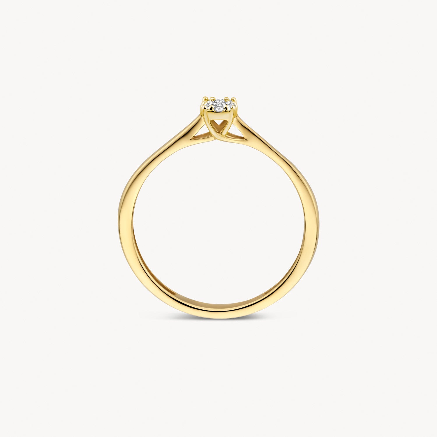14k goud ring met enkele diamant in moderne zetting, smal bandje.