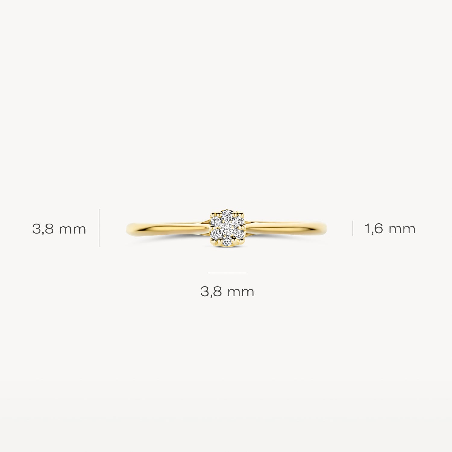 14k goud ring met ronde diamant en smalle band van 1,6 mm breedte.