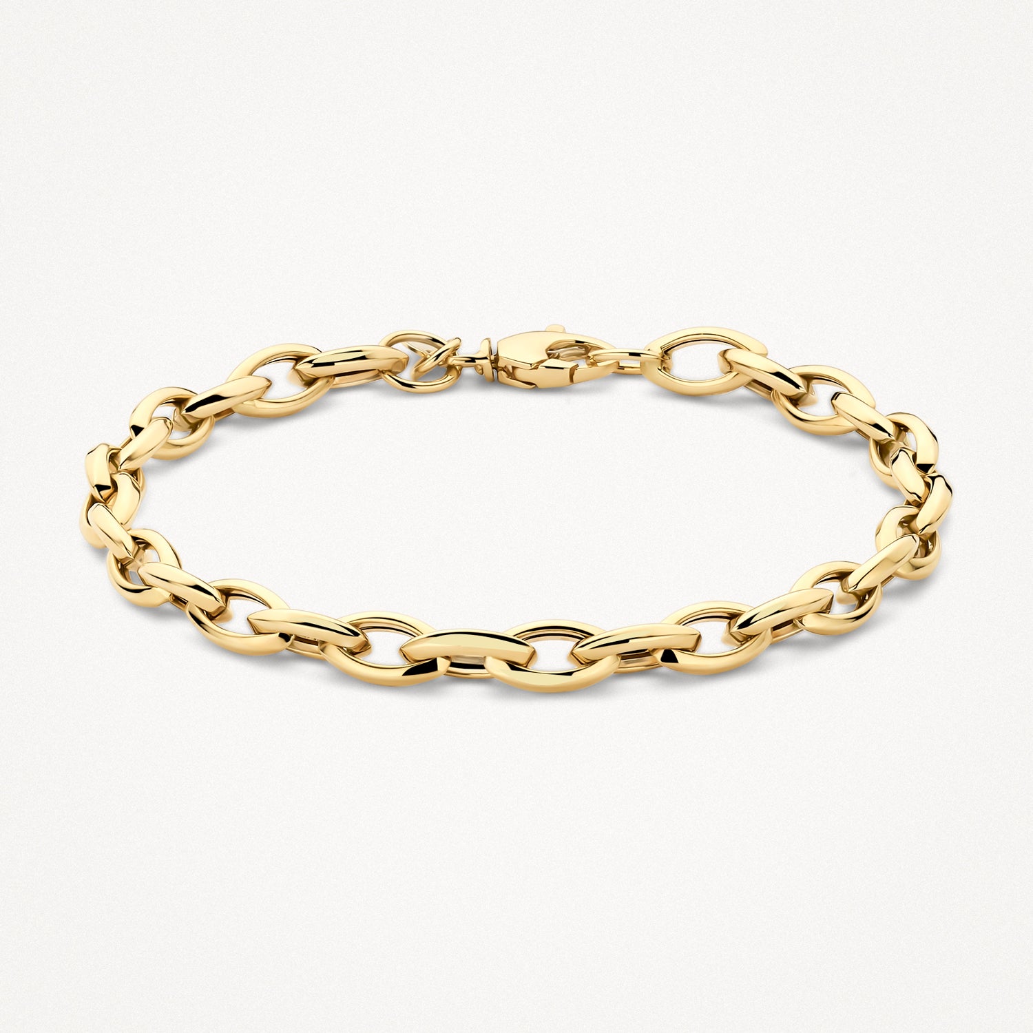 14k goud armband met grove schakels en slanke sluiting.