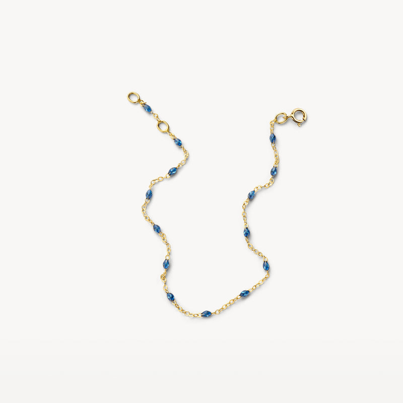 14k goud armband met fijne schakels en blauwe resin kralen, delicate sluiting.