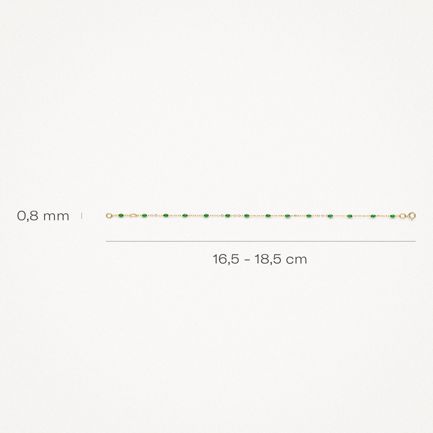 Fijne schakelarmband van 14k goud met kleine groene resin kralen, lengte 16,5-18,5 cm, dikte 0,8 mm.