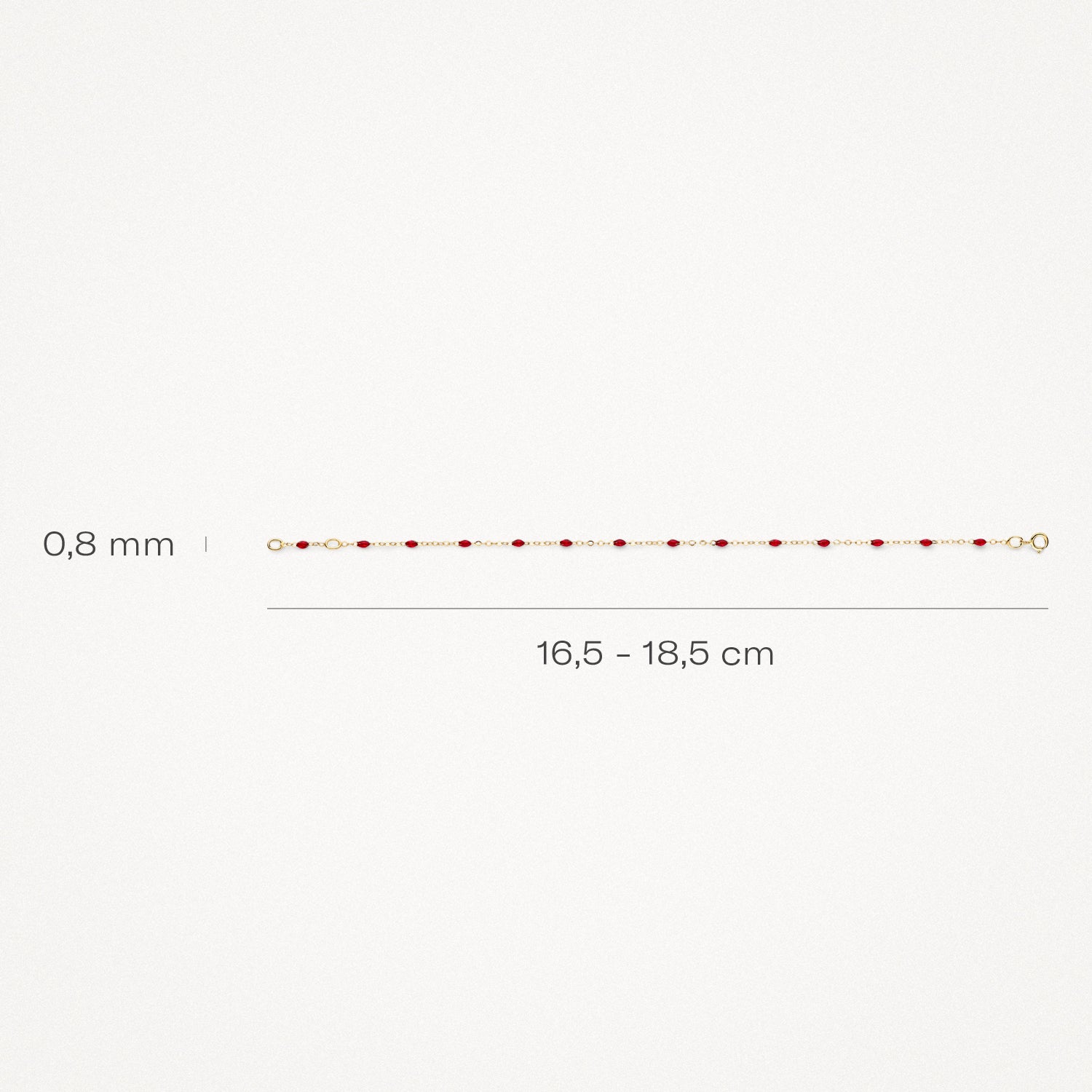 14k goud schakelarmband met rode resin, lengte 16,5-18,5 cm, 0,8 mm dik.