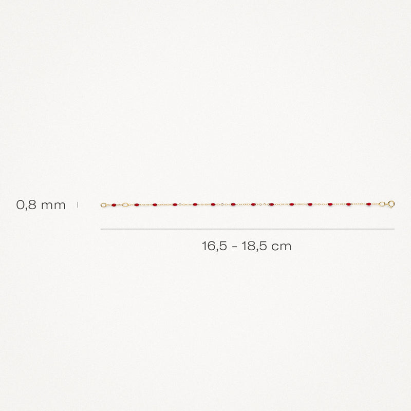 14k goud schakelarmband met rode resin, lengte 16,5-18,5 cm, 0,8 mm dik.