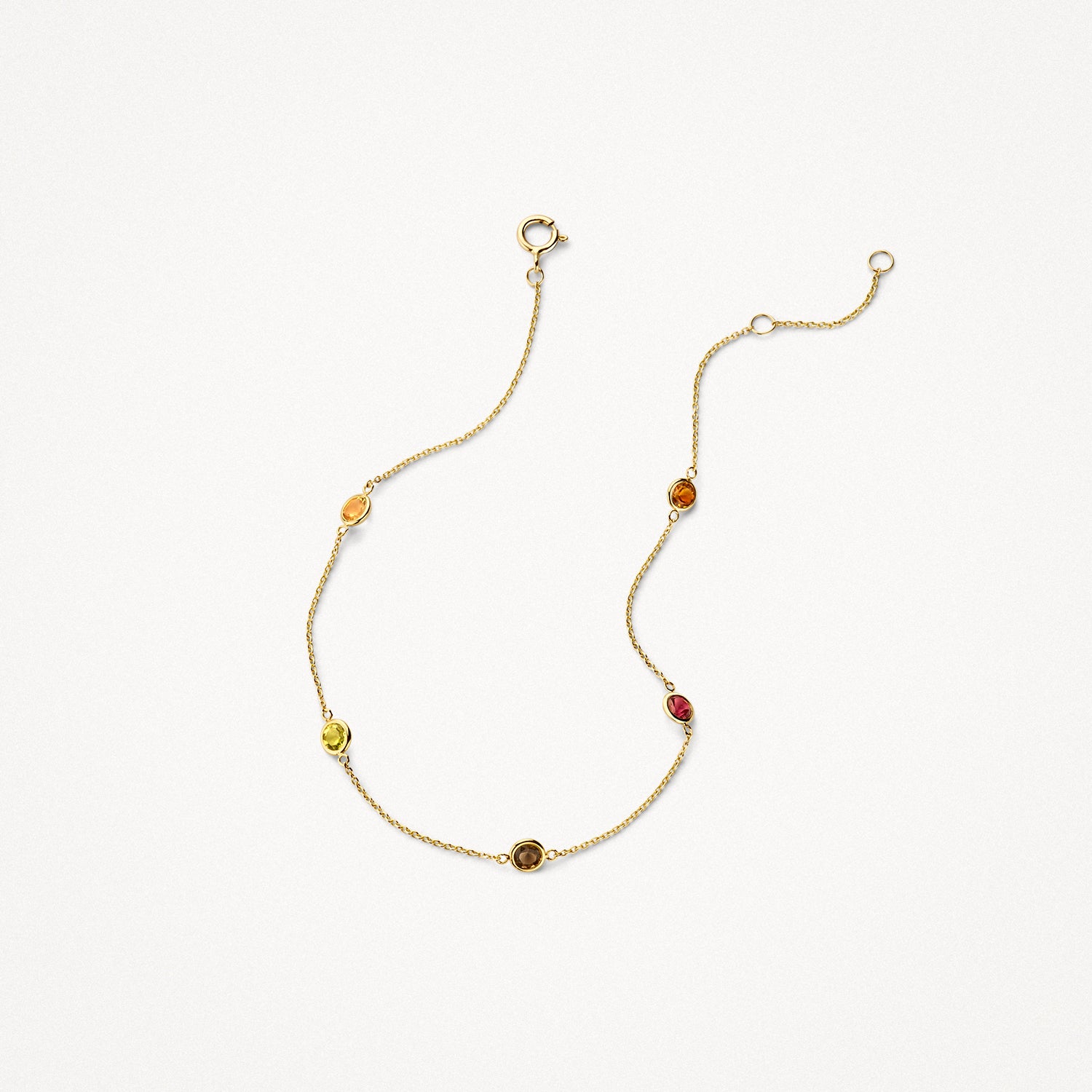 14k goud armband met fijne schakels en vijf gekleurde stenen in diverse tinten.