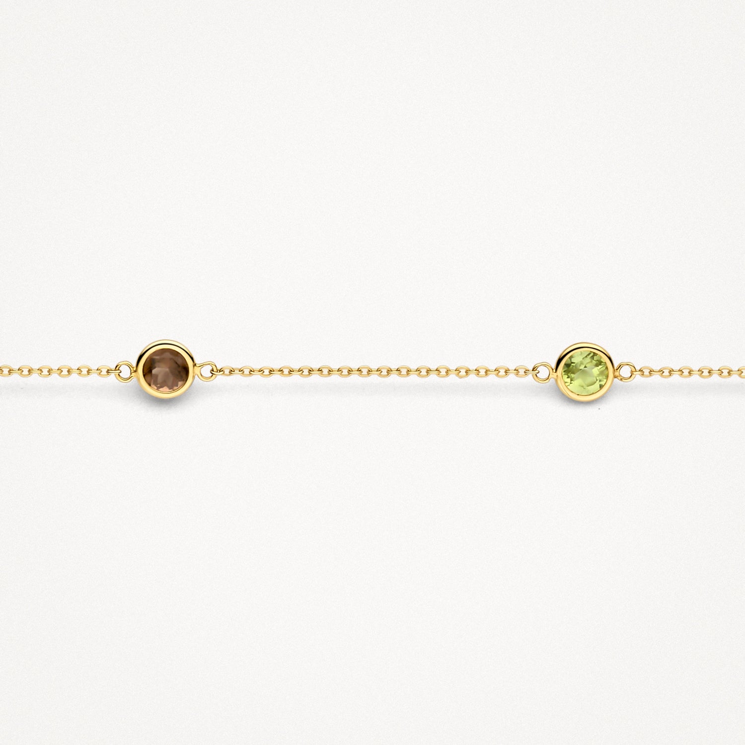 Fijne armband van 14k goud met ronde rookgrijze en lichtgroene stenen gecombineerd.