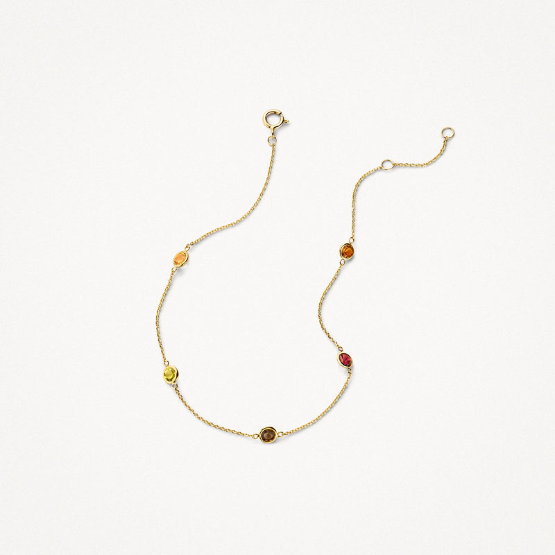 14k goud armband met fijne schakels en vijf gekleurde stenen in diverse tinten.