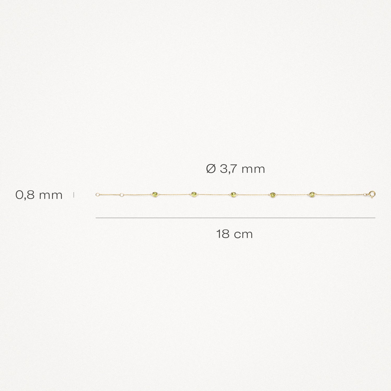 Dunne 14k goud armband met kleine peridot kralen, 18 cm lang, 0,8 mm breed.