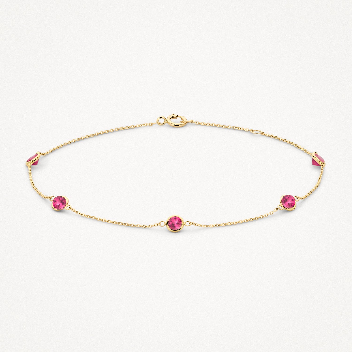Fijne armband van 14k goud met vier ronde rhodoliet stenen in schakels.