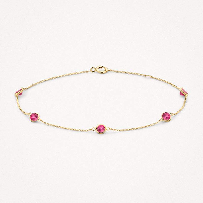 Fijne armband van 14k goud met vier ronde rhodoliet stenen in schakels.