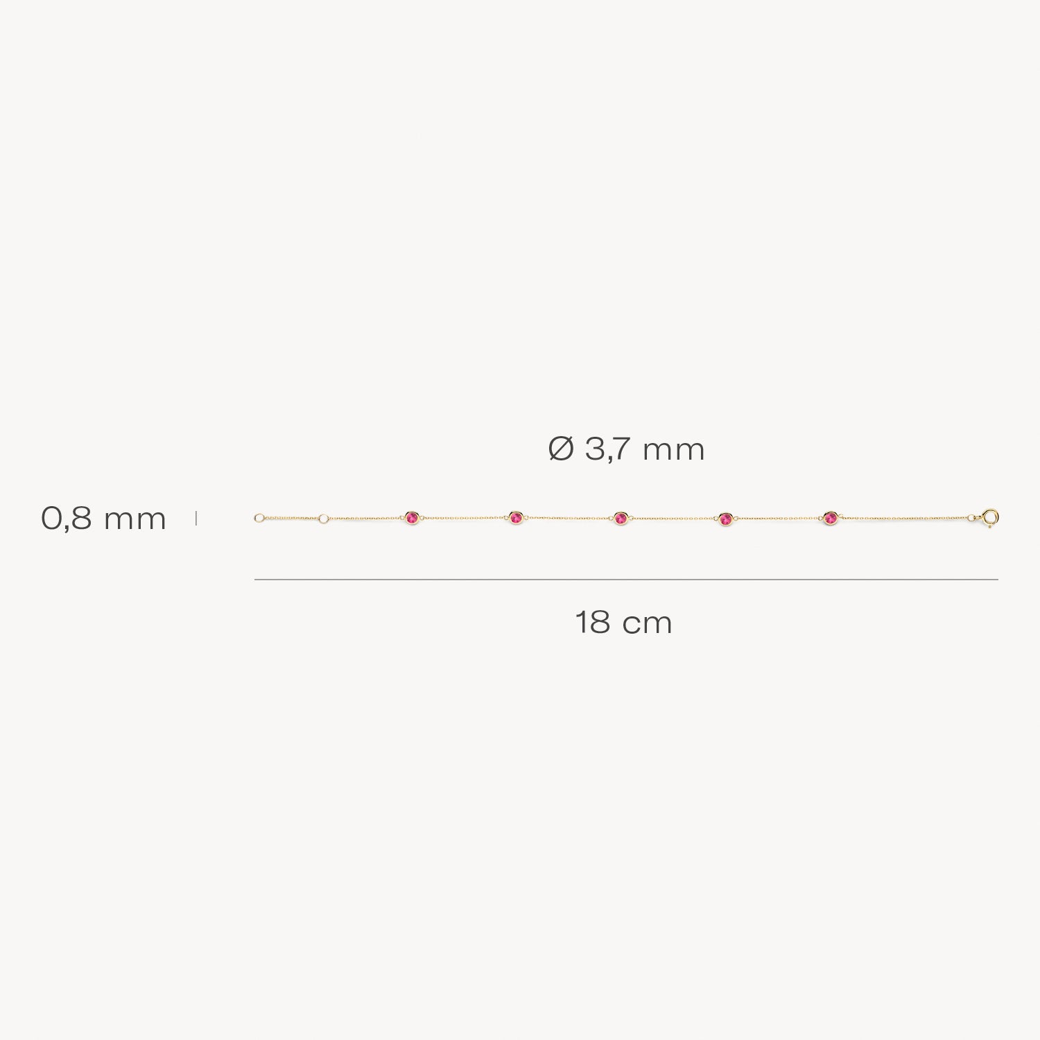 Fijne armband van 14k goud met kleine rode rhodoliet kralen, 18 cm lang, 0,8 mm breed.