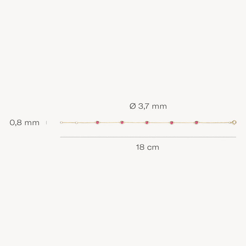 Fijne armband van 14k goud met kleine rode rhodoliet kralen, 18 cm lang, 0,8 mm breed.