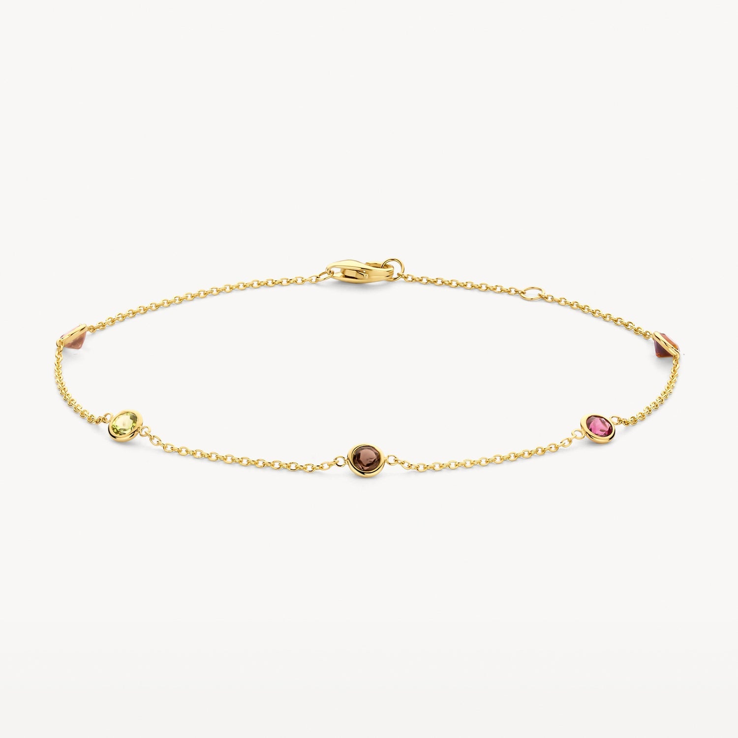 14ct Yellow gold link bracelet with colored gemstones, front view.