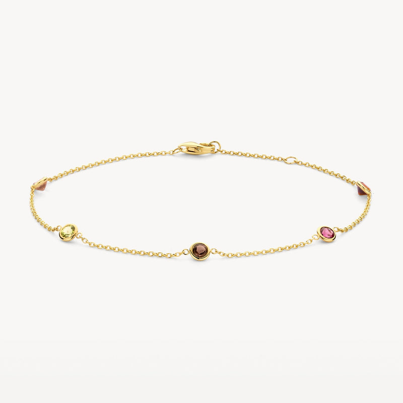 14ct Yellow gold link bracelet with colored gemstones, front view.