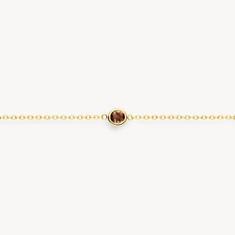 14ct yellow gold Bracelet with Citrine, Smoky Quartz, Peridote and Rhodolite, close-up.