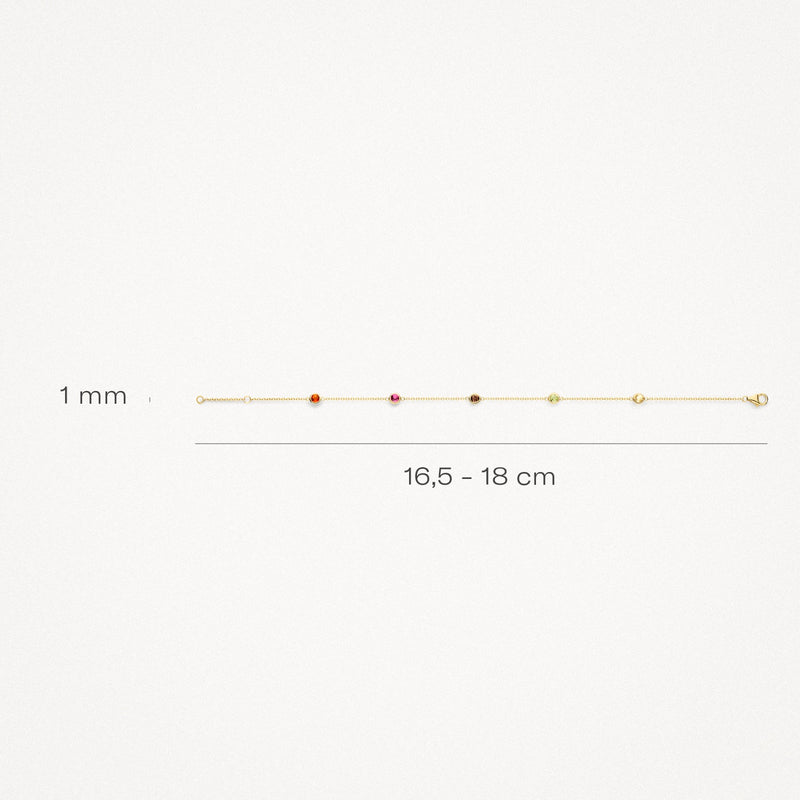 14ct yellow gold link bracelet with gemstones, 16.5 to 18 cm long.