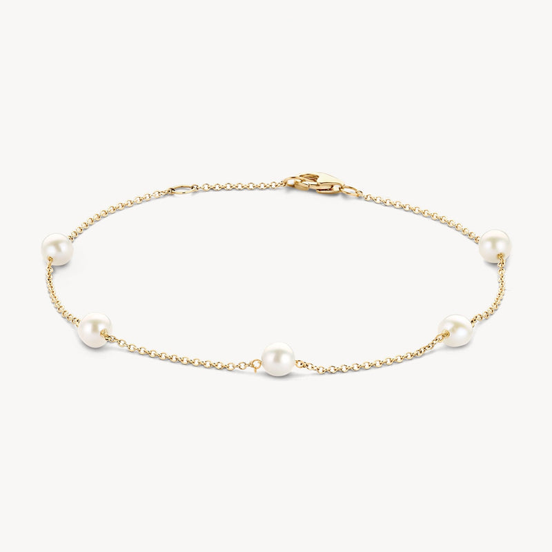 Bracelet à maillons en or jaune 14 carats avec Perle blanc, vue de face.