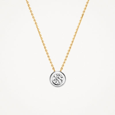 Bicolor ketting met ronde hanger van 14k geel en wit goud met zirkonia's.