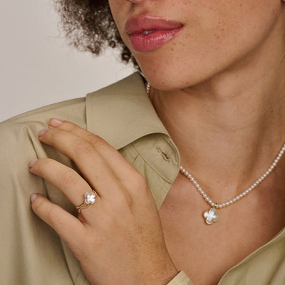 Bague 1269YMQ - Or 14 carats avec Nacre et Cristal de roche