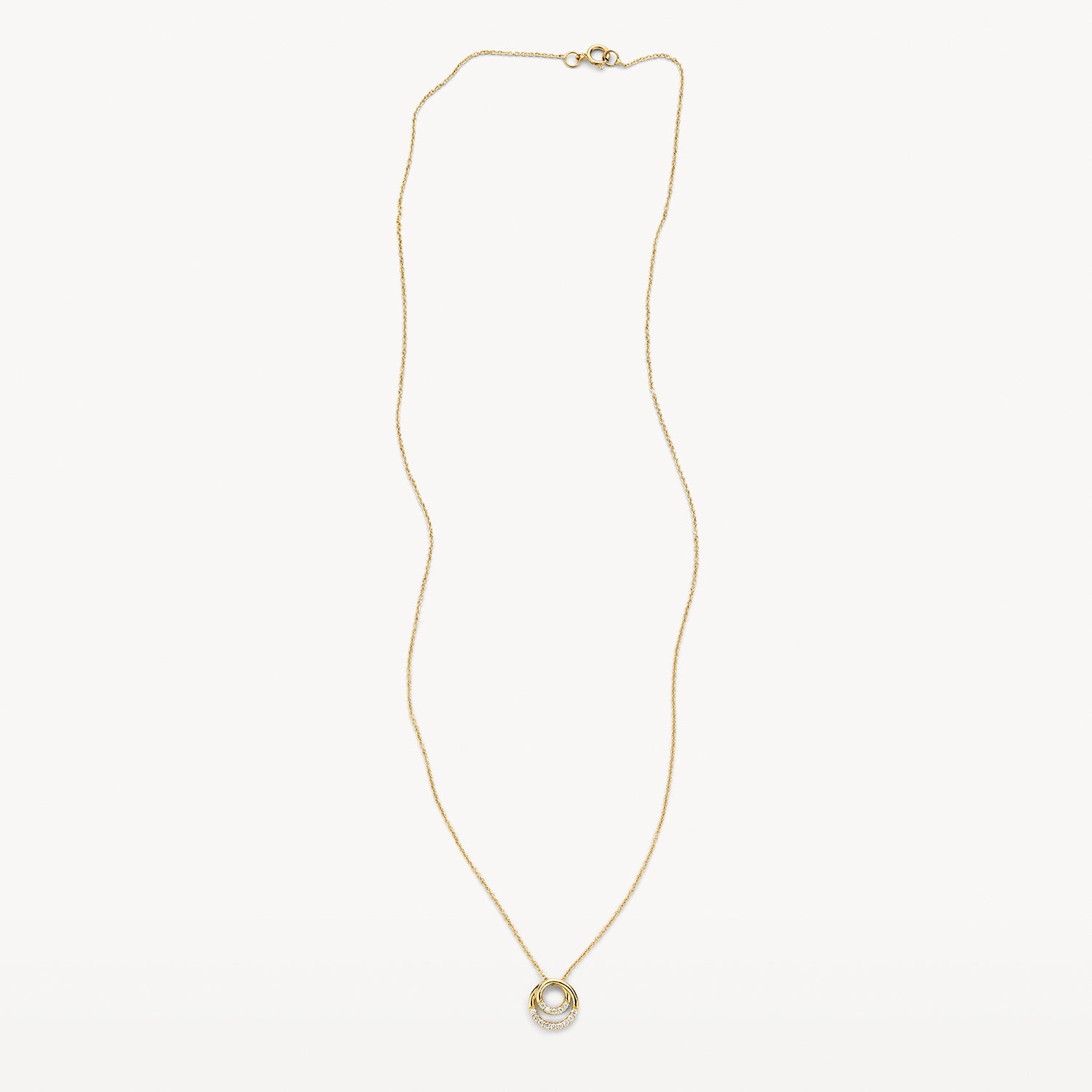 Dunne ketting van 14k goud met ronde zirkonia hanger in schakel fijn ontwerp.