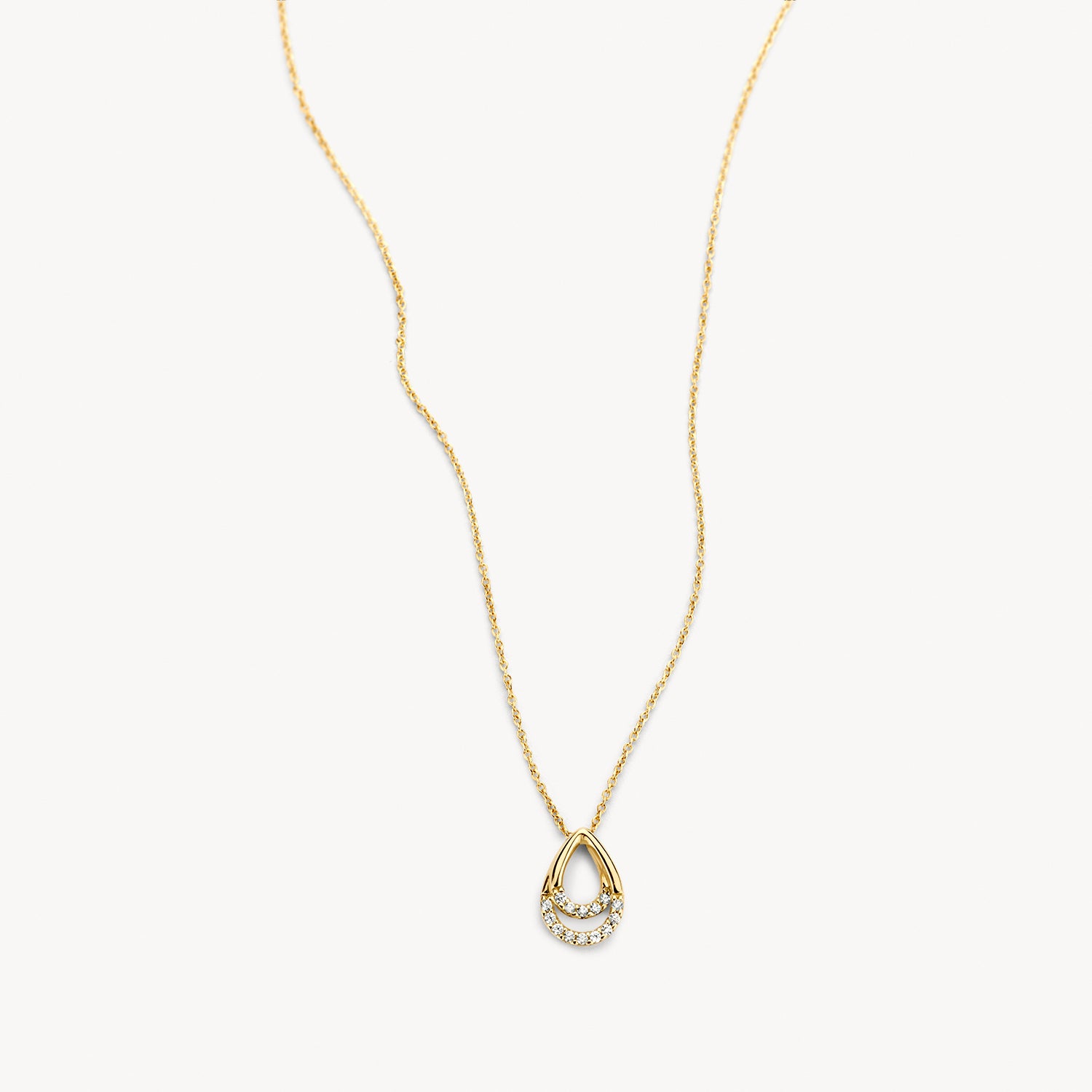 Ketting met druppelvormige hanger van 14k goud en zirkonia's op fijne schakels.