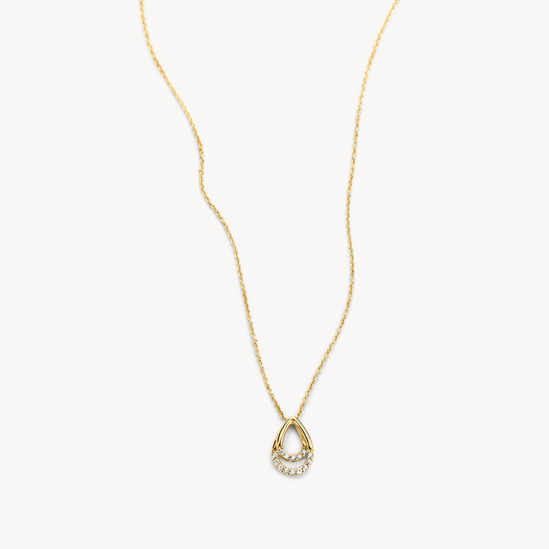 Ketting met druppelvormige hanger van 14k goud en zirkonia's op fijne schakels.