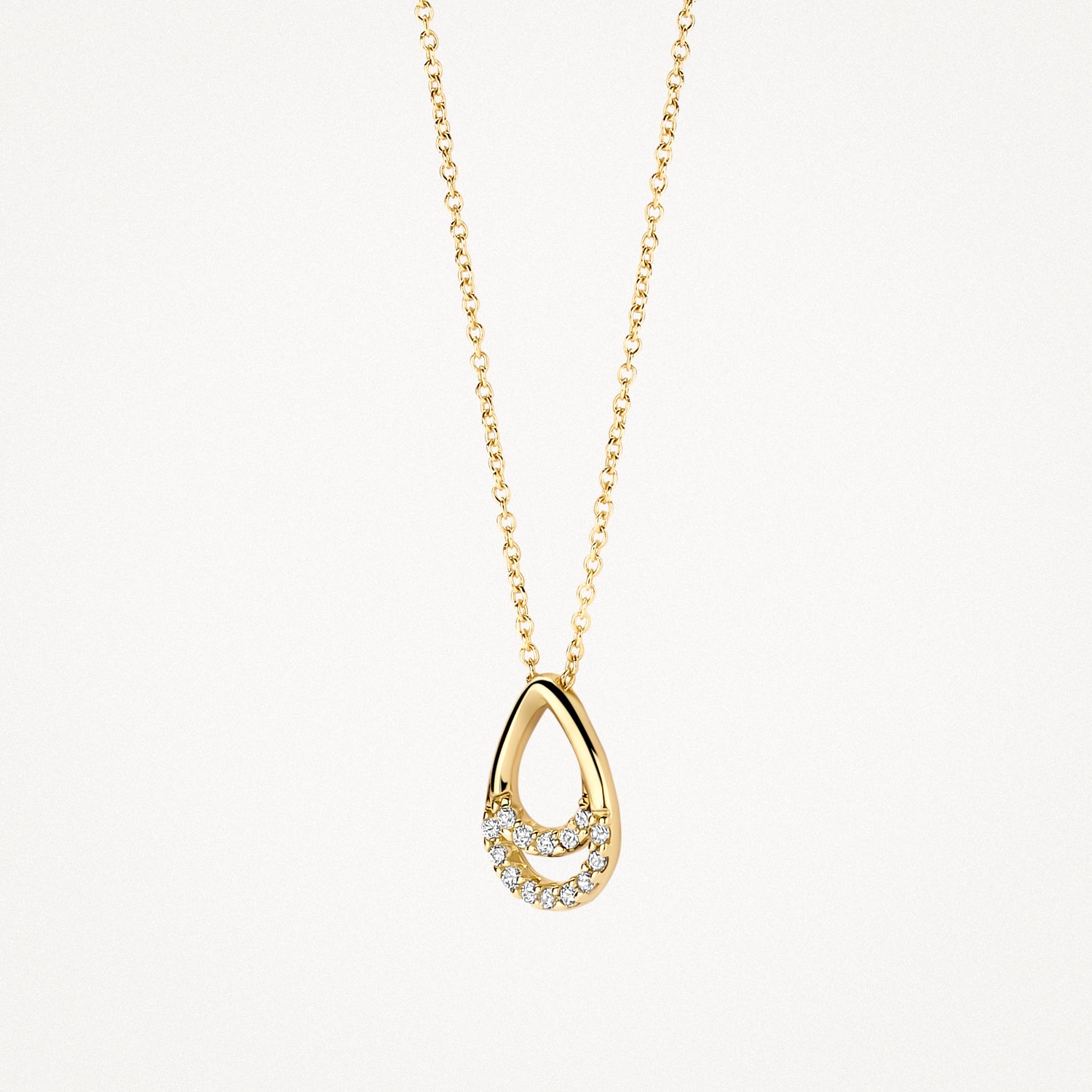 14k goud ketting met dunne schakel en druppelvormige hanger met zirkonia's.
