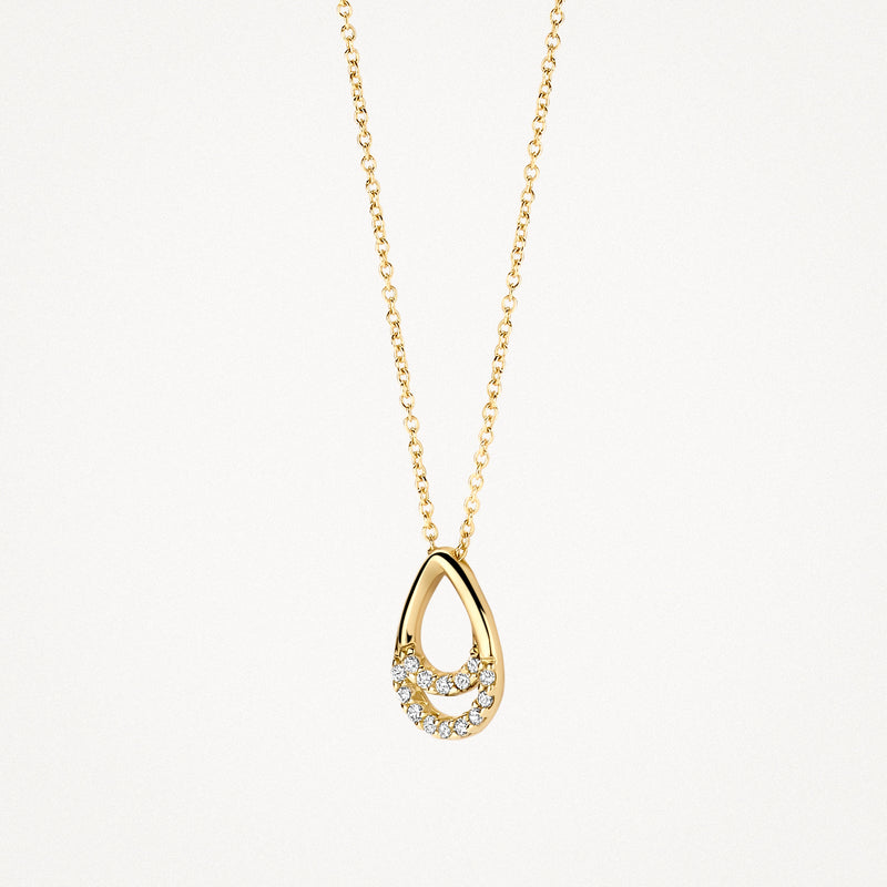 14k goud ketting met dunne schakel en druppelvormige hanger met zirkonia's.
