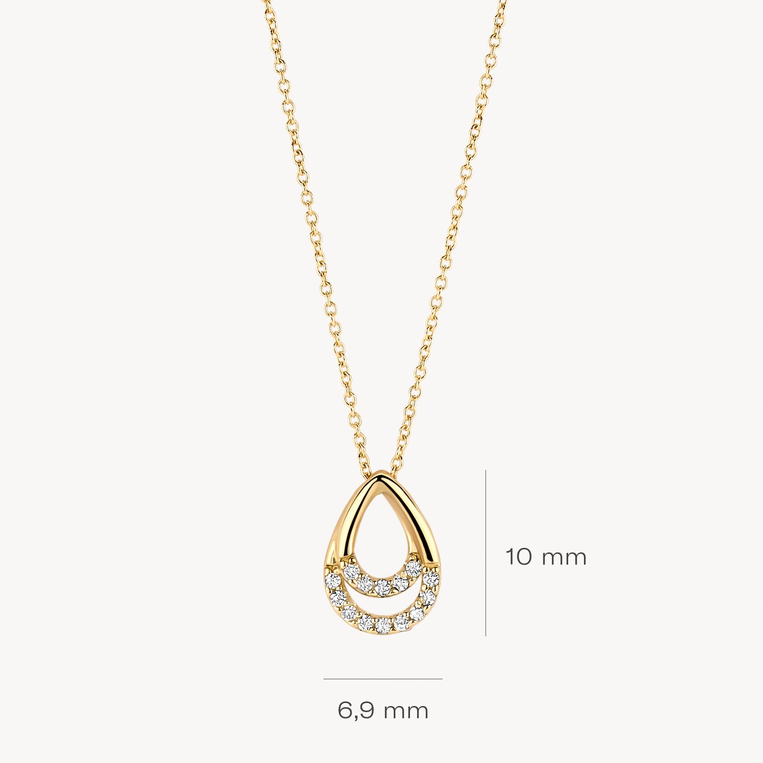 14k gouden ketting met fijne schakel en hanger met zirkonia's in druppelvorm, 10x6,9 mm.
