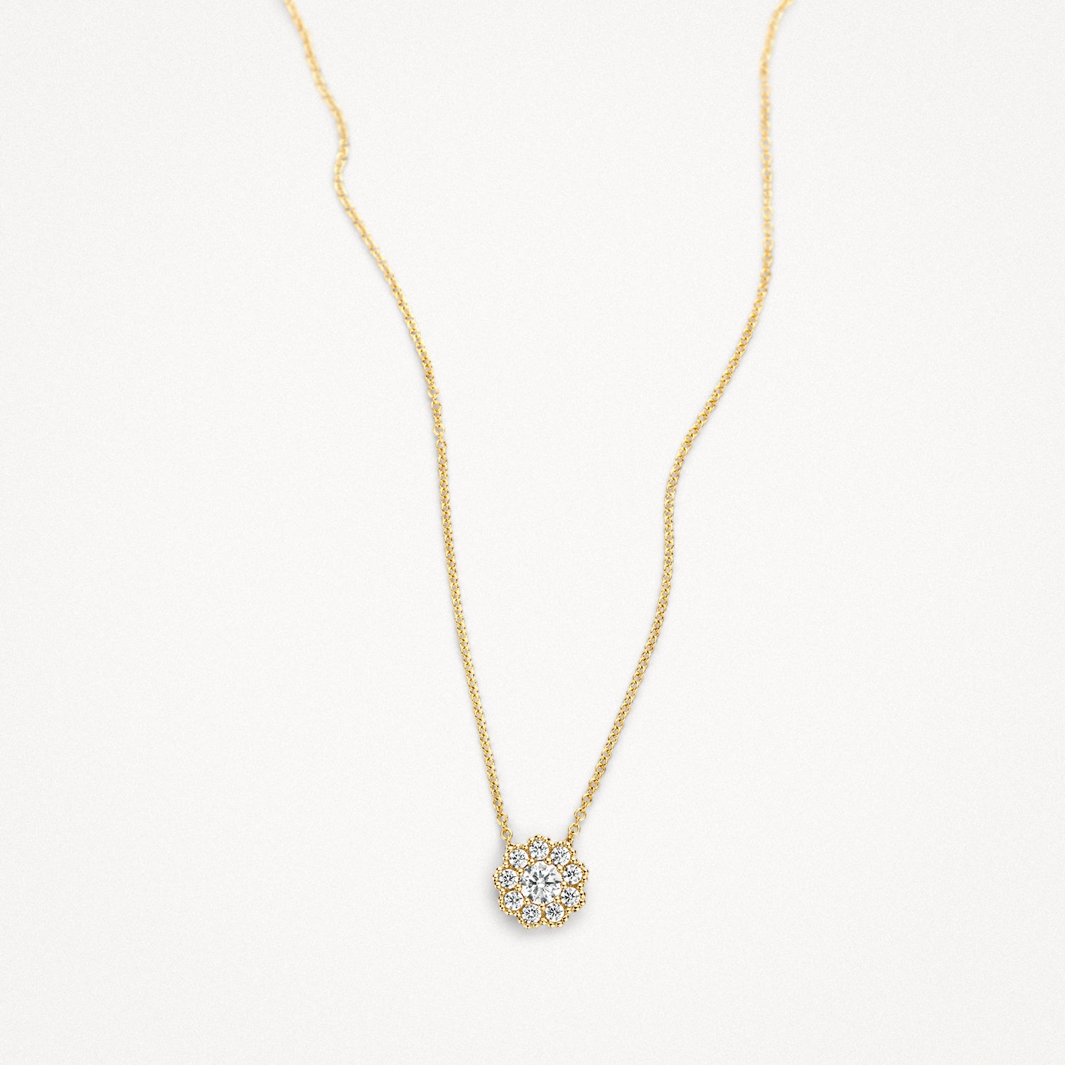 14k goud ketting met fijne schakels en bloemvormige hanger met zirkonia's.