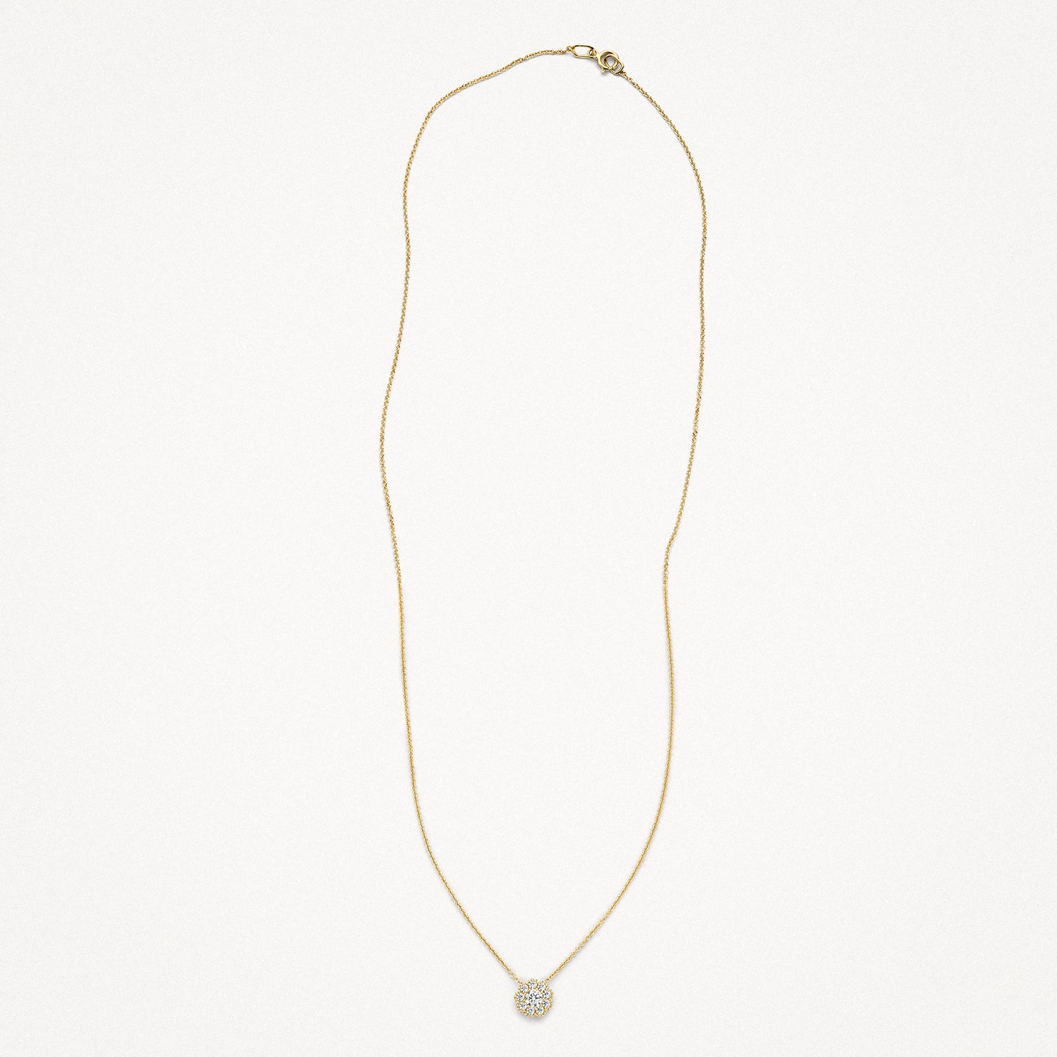 Fijne ketting van 14k goud met ronde zirkonia hanger en slanke schakelketting.
