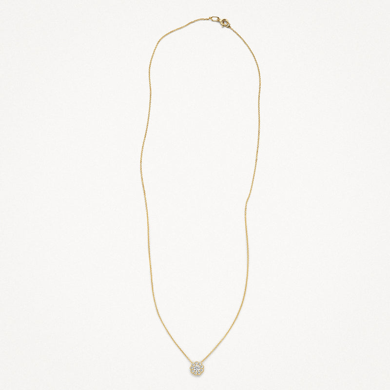 Fijne ketting van 14k goud met ronde zirkonia hanger en slanke schakelketting.