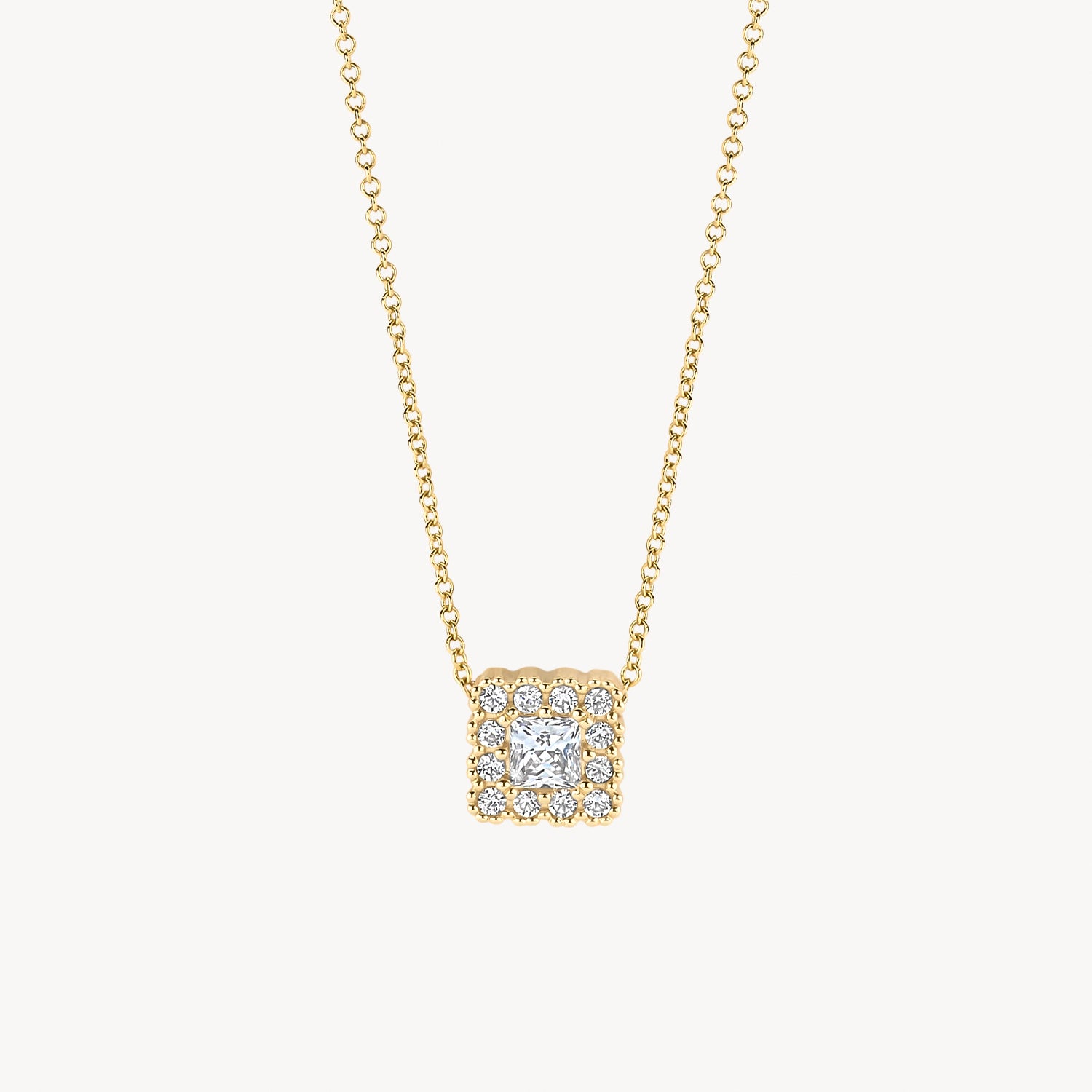 14k goud ketting met fijne schakel en vierkante hanger bezet met zirkonia's.