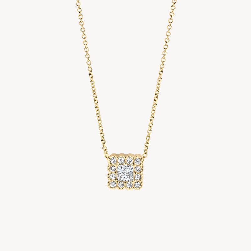 14k goud ketting met fijne schakel en vierkante hanger bezet met zirkonia's.