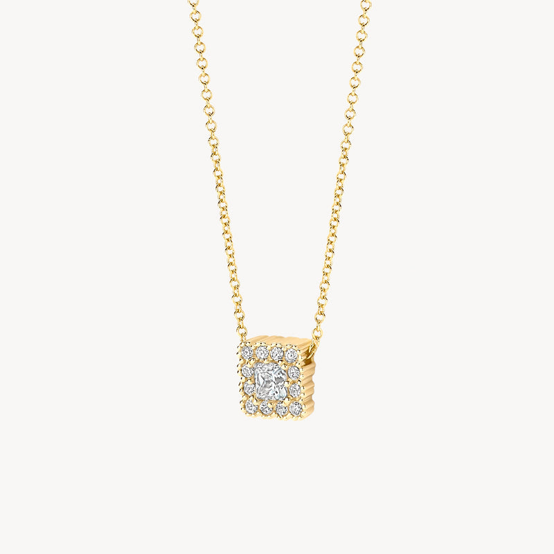 14k goud ketting met vierkante hanger bezet met zirkonia's en fijne schakels.