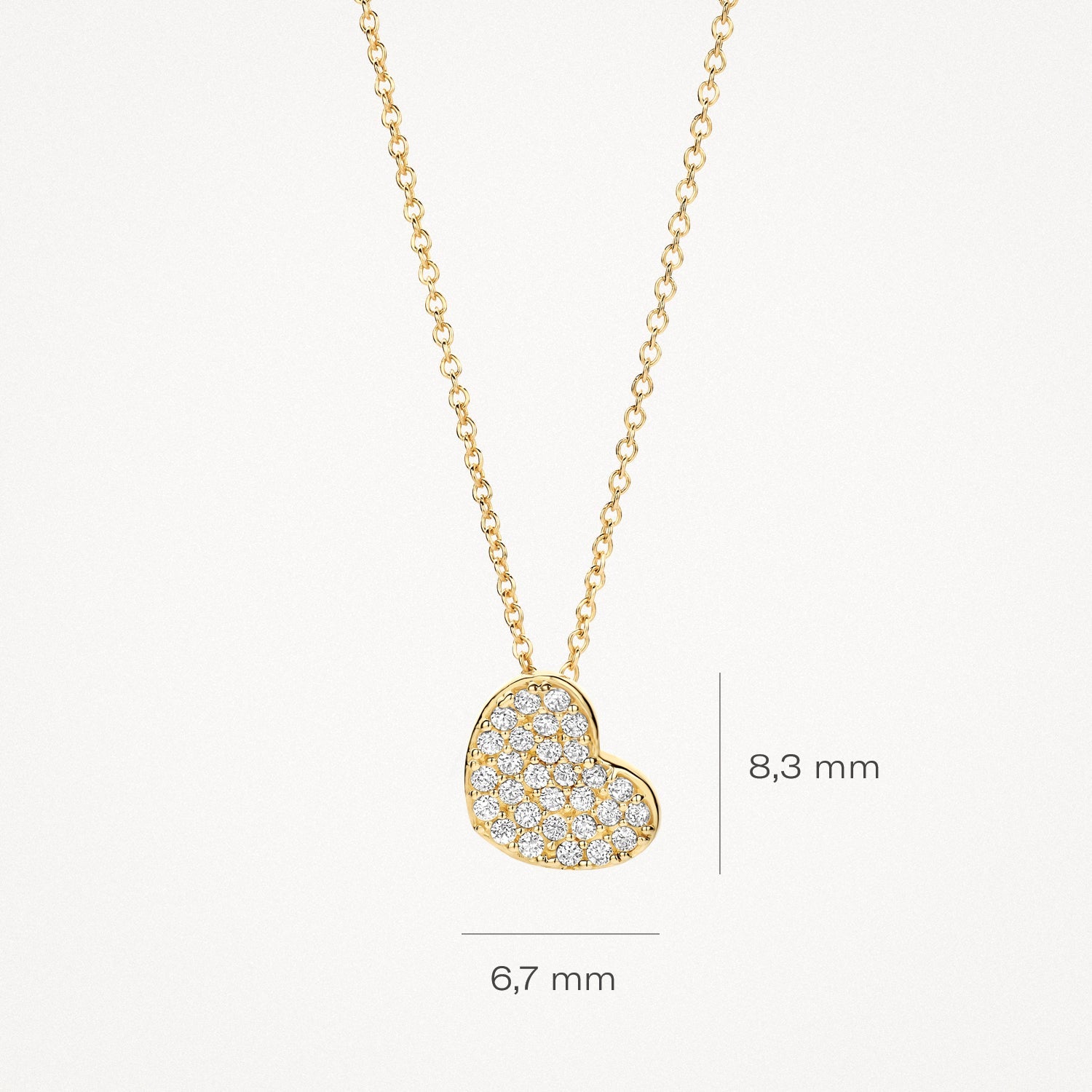 Zircone collier, or jaune 14 carats, pendentif en forme de cœur de 6,7 × 8,3 mm, 42 cm.