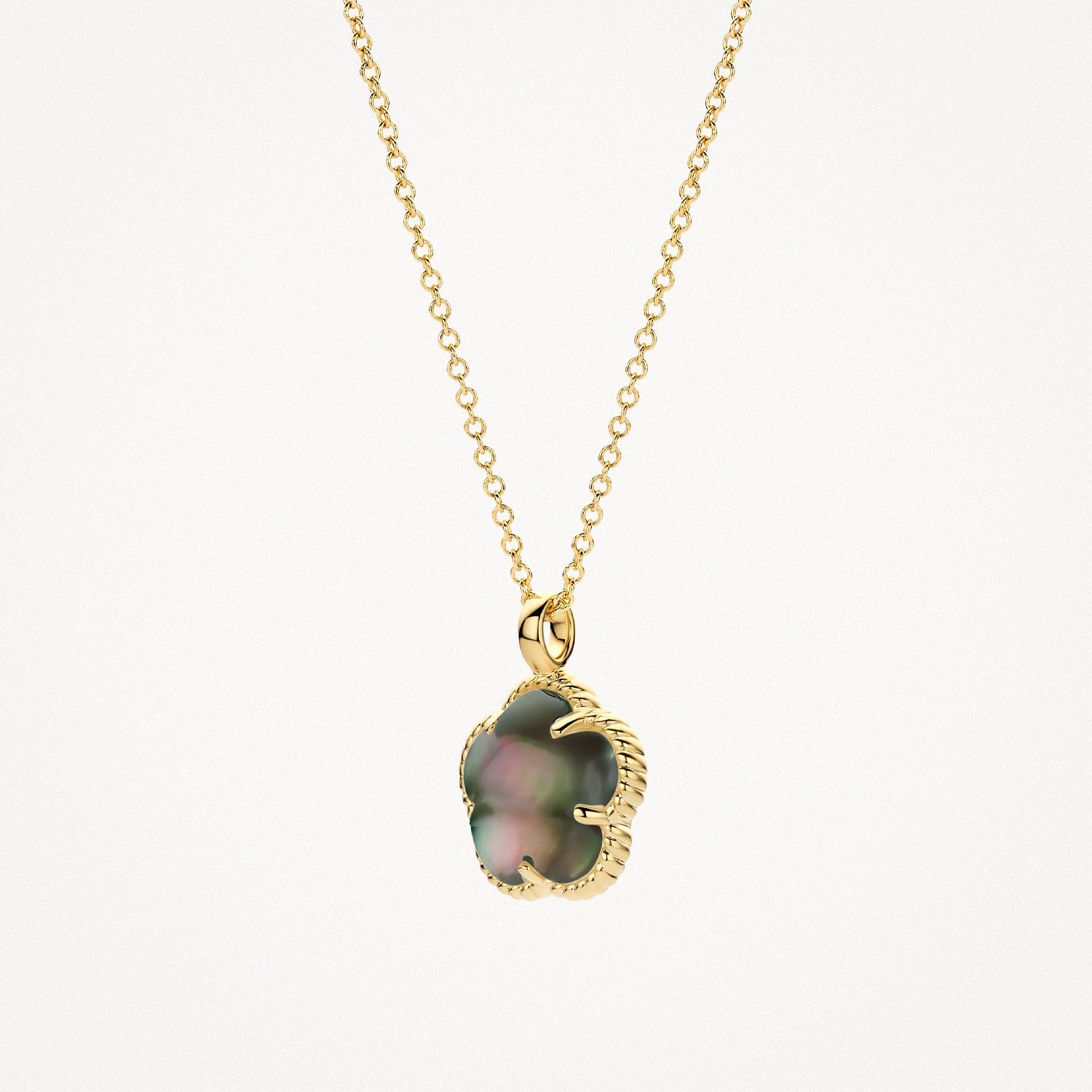 Collier en or jaune 14 carats avec pendentif ovale Nacre noire, vue détaillée.