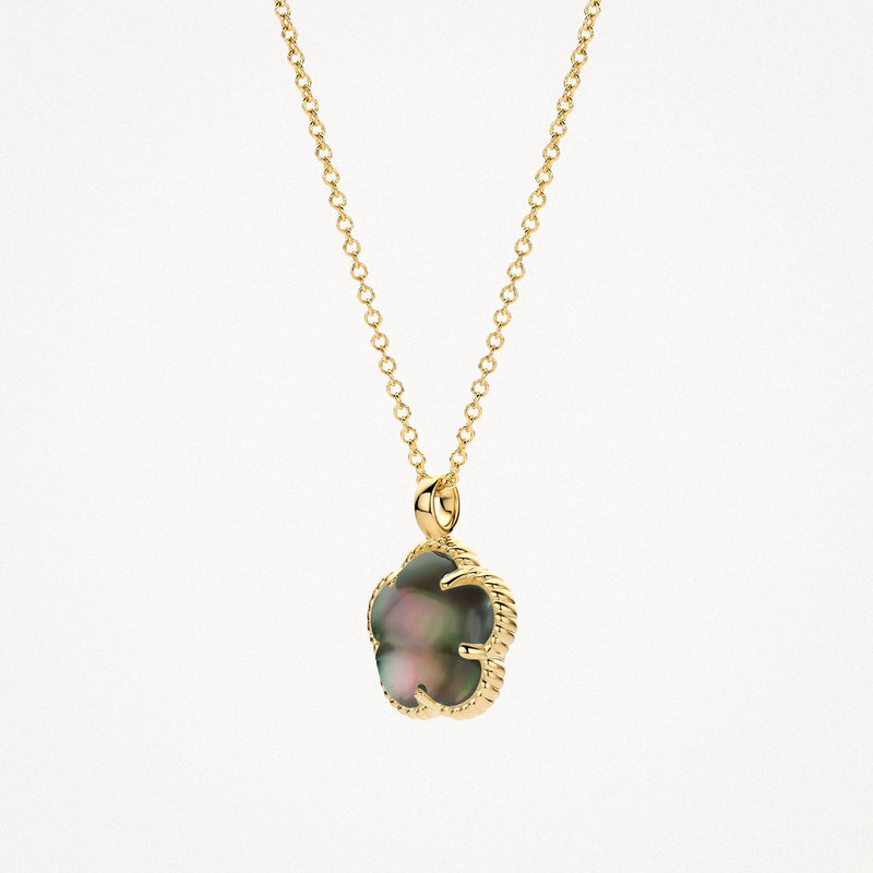 Collier en or jaune 14 carats avec pendentif ovale Nacre noire, vue détaillée.