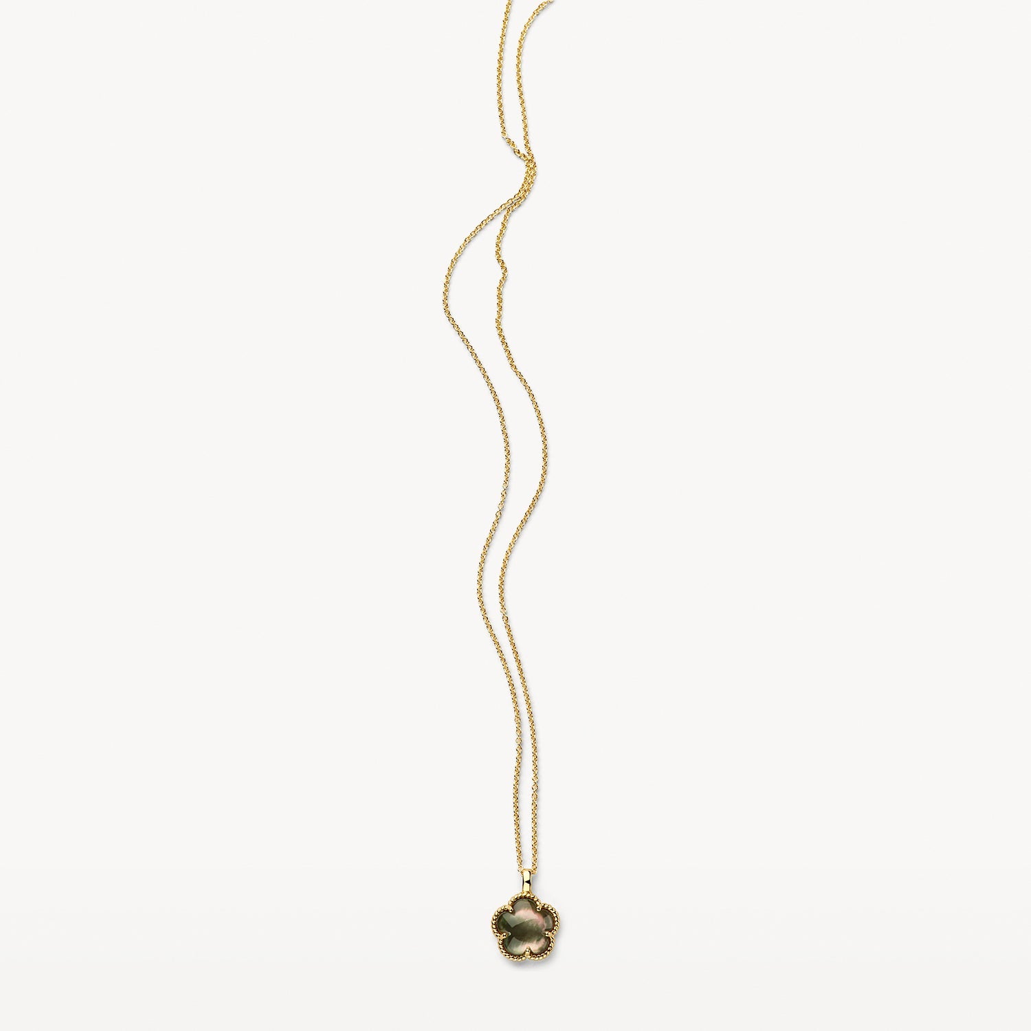 Collier en or jaune 14 carats avec pendentif Nacre noire, vue de profil.