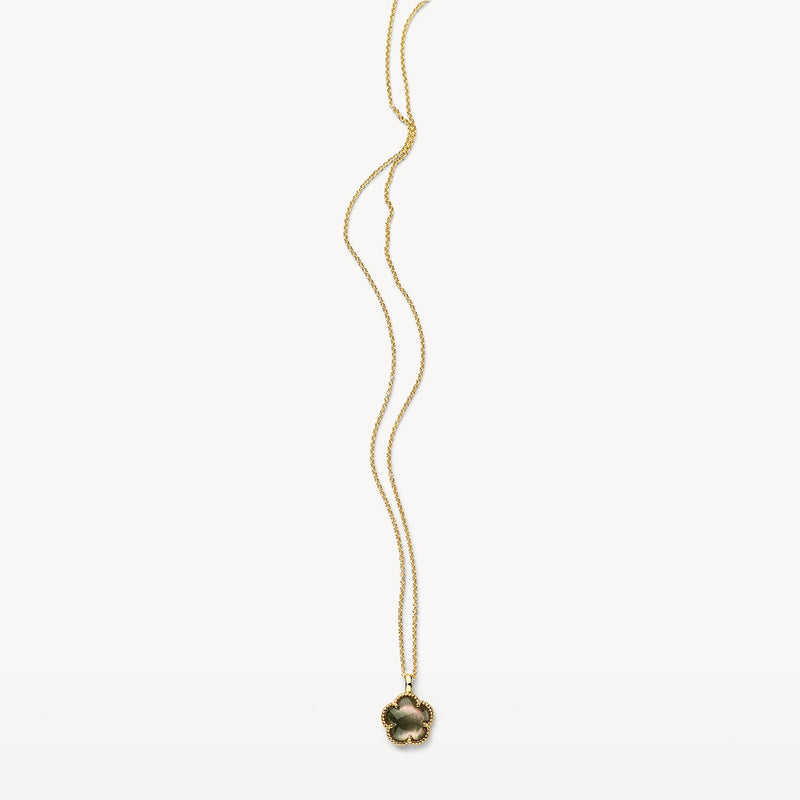 Collier en or jaune 14 carats avec pendentif Nacre noire, vue de profil.