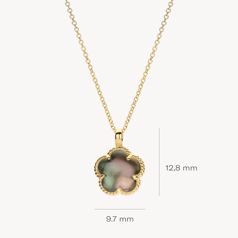 Collier avec Nacre noire, or jaune 14 carats, pendentif de 9,7 × 12,8 mm, 42 cm.