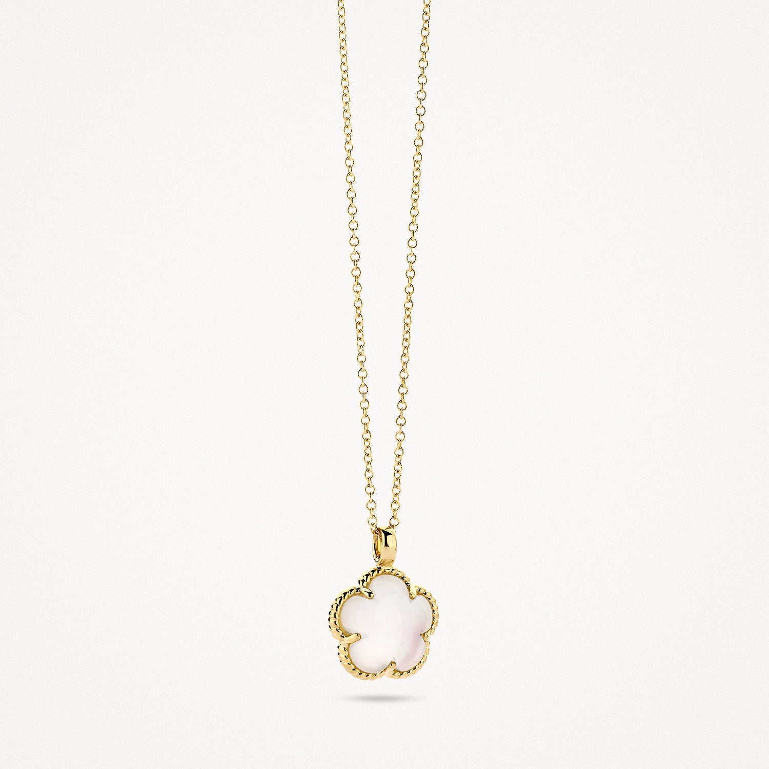 Collier en or jaune 14 carats avec pendentif blanc Nacre, vue de profil.