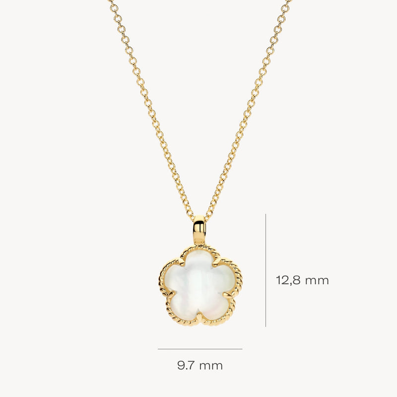 Collier avec Nacre blanc, or jaune 14 carats, pendentif de 9,7 sur 12,8 mm, 42 cm.