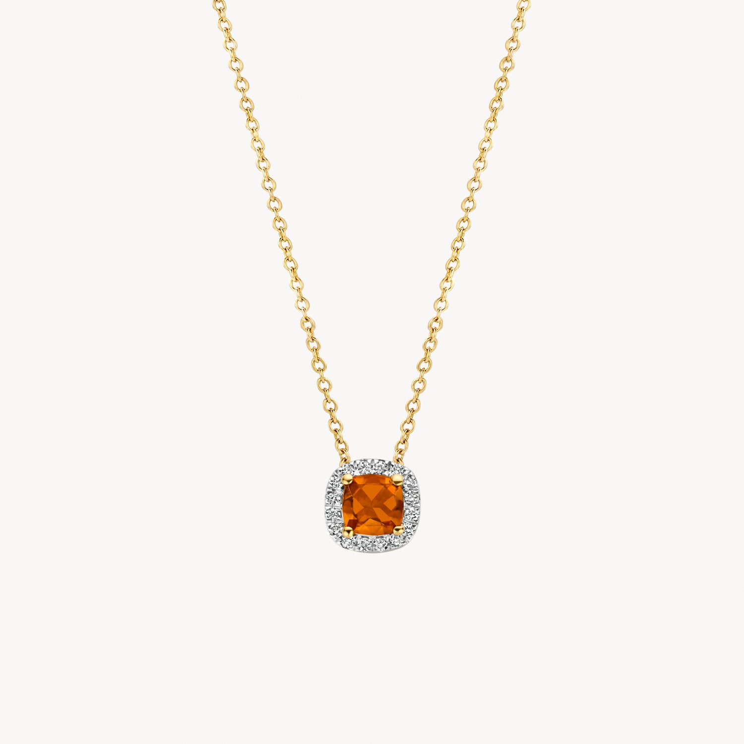 Collier met vierkante citrien omringd door diamanten 14k goud