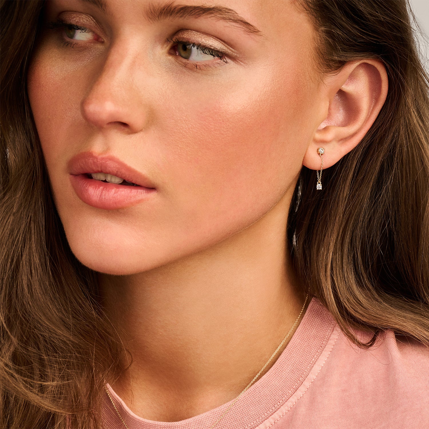 Oorbellen kettinkje met zirkonia hanger 14k goud