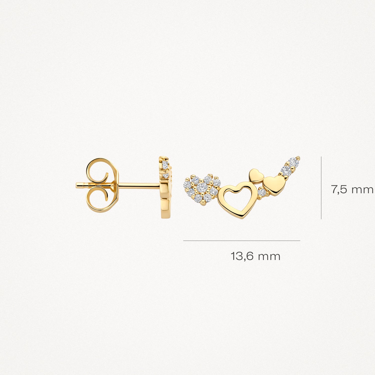 14k goud oorknopjes met wit zirkonia, hartjes en maat 13,6x7,5 mm.
